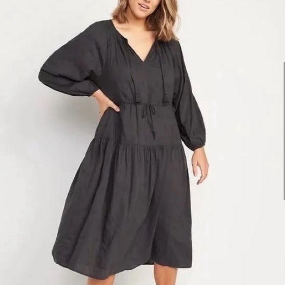 Old Navy Charcoal Gray Embroidered Tassel Midi Prairie Dress - Picture 3 of 9